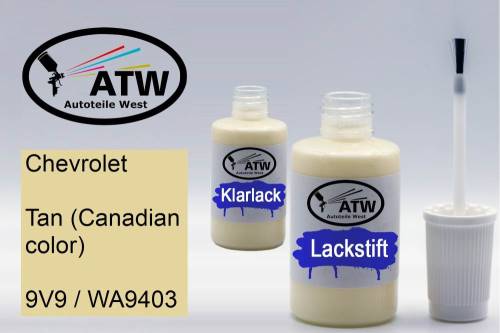 Chevrolet, Tan (Canadian color), 9V9 / WA9403: 20ml Lackstift + 20ml Klarlack - Set, von ATW Autoteile West.